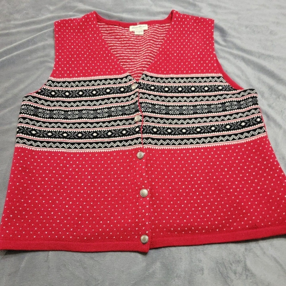 Vtg Eddie Bauer Vest Womens 1X Red Button Front Lambswool Fair Isle Heart Flaws